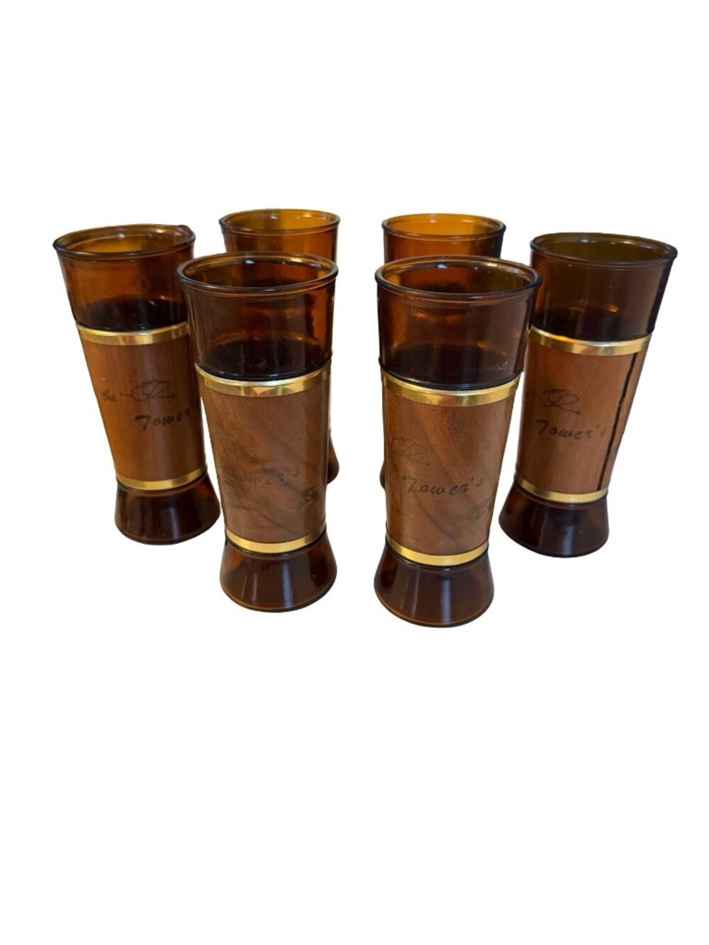 Vintage The Tower's Amber Glass Tumblers Genuine Walnut Wood Jackets Set of 6 MC